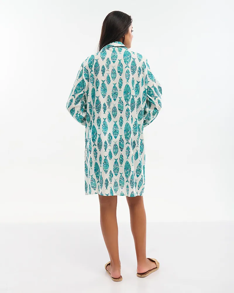 ΦΟΡΕΜΑ ΚΟΝΤΟ/ΠΟΥΚΑΜΙΣΑ ΤΥΡΚΟΥΑΖ/ΛΕΥΚΟ ''ΨΑΡΙΑ'' ΜΕ ΚΕΝΤΗΤΕΣ ΛΕΠΤΟΜΕΡΕΙΕΣ ΚΑΙ ΧΑΝΤΡΕΣ ONE SIZE (100% COTTON)