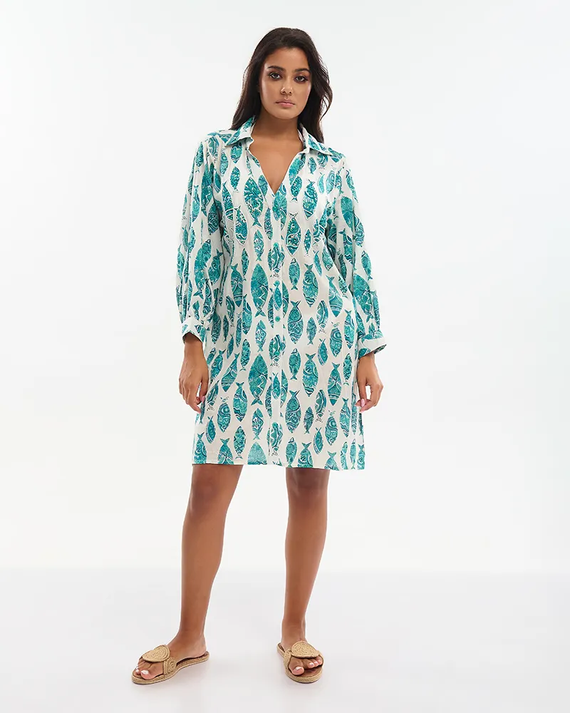 ΦΟΡΕΜΑ ΚΟΝΤΟ/ΠΟΥΚΑΜΙΣΑ ΤΥΡΚΟΥΑΖ/ΛΕΥΚΟ ”ΨΑΡΙΑ” ΜΕ ΚΕΝΤΗΤΕΣ ΛΕΠΤΟΜΕΡΕΙΕΣ ΚΑΙ ΧΑΝΤΡΕΣ ONE SIZE (100% COTTON)