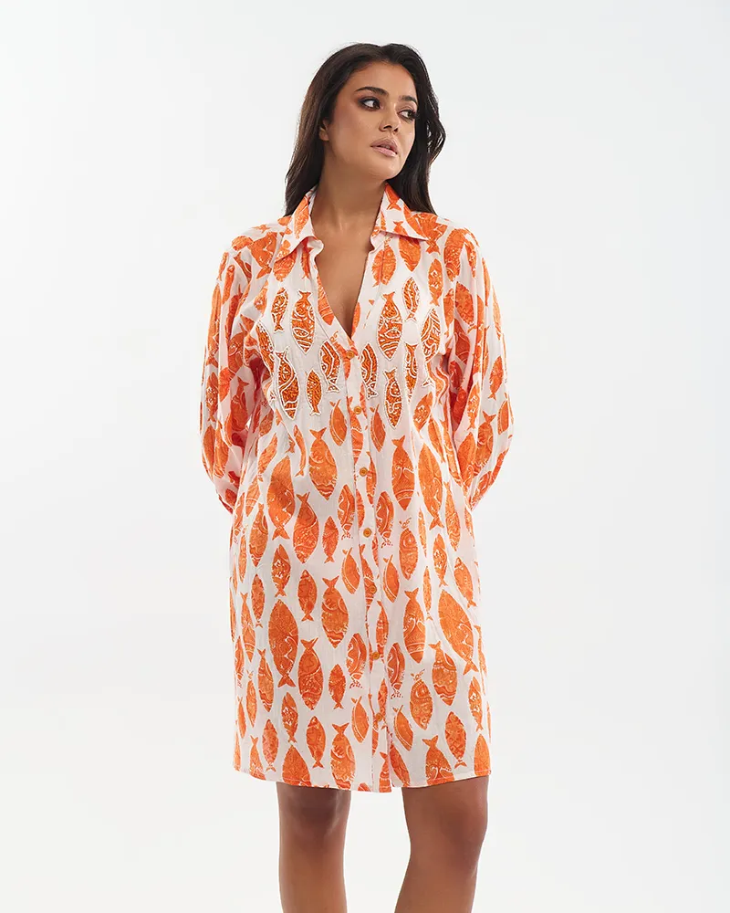 ΦΟΡΕΜΑ ΚΟΝΤΟ/ΠΟΥΚΑΜΙΣΑ ΠΟΡΤΟΚΑΛΙ/ΛΕΥΚΟ ”ΨΑΡΙΑ” ΜΕ ΚΕΝΤΗΤΕΣ ΛΕΠΤΟΜΕΡΕΙΕΣ ΚΑΙ ΧΑΝΤΡΕΣ ONE SIZE (100% COTTON)