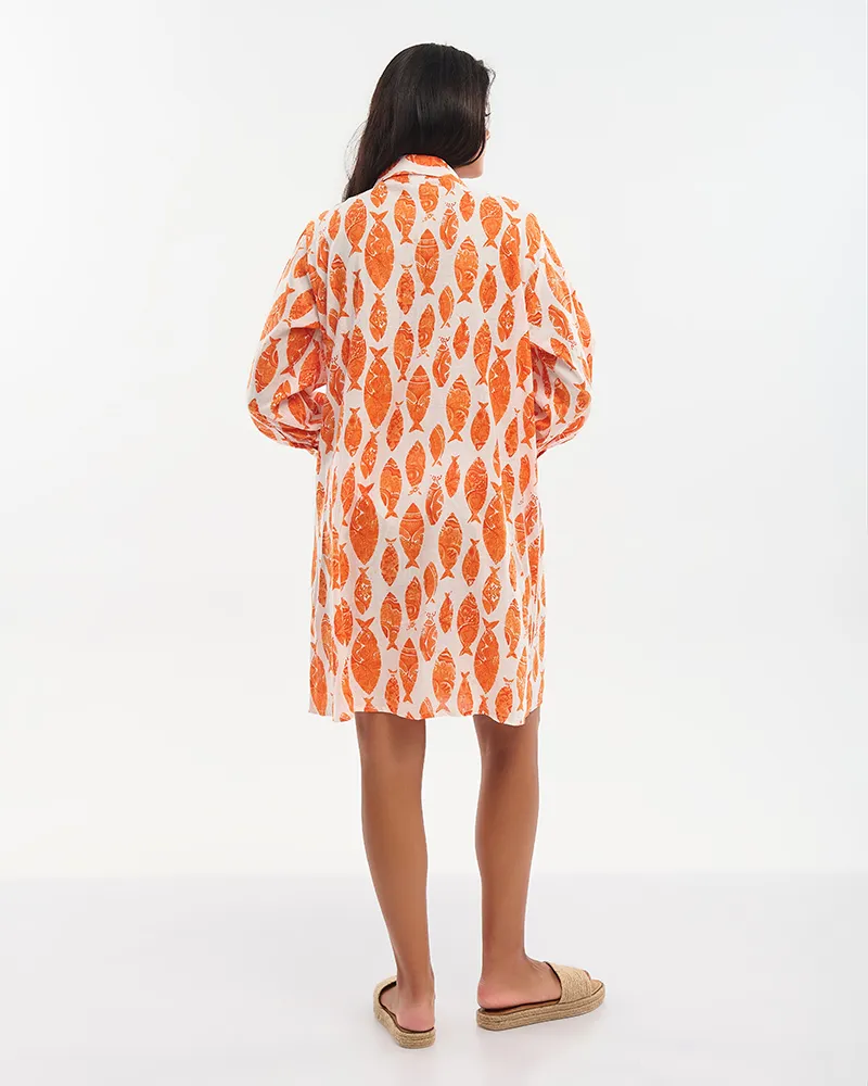 ΦΟΡΕΜΑ ΚΟΝΤΟ/ΠΟΥΚΑΜΙΣΑ ΠΟΡΤΟΚΑΛΙ/ΛΕΥΚΟ ''ΨΑΡΙΑ'' ΜΕ ΚΕΝΤΗΤΕΣ ΛΕΠΤΟΜΕΡΕΙΕΣ ΚΑΙ ΧΑΝΤΡΕΣ ONE SIZE (100% COTTON)