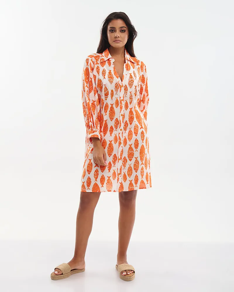 ΦΟΡΕΜΑ ΚΟΝΤΟ/ΠΟΥΚΑΜΙΣΑ ΠΟΡΤΟΚΑΛΙ/ΛΕΥΚΟ ”ΨΑΡΙΑ” ΜΕ ΚΕΝΤΗΤΕΣ ΛΕΠΤΟΜΕΡΕΙΕΣ ΚΑΙ ΧΑΝΤΡΕΣ ONE SIZE (100% COTTON)