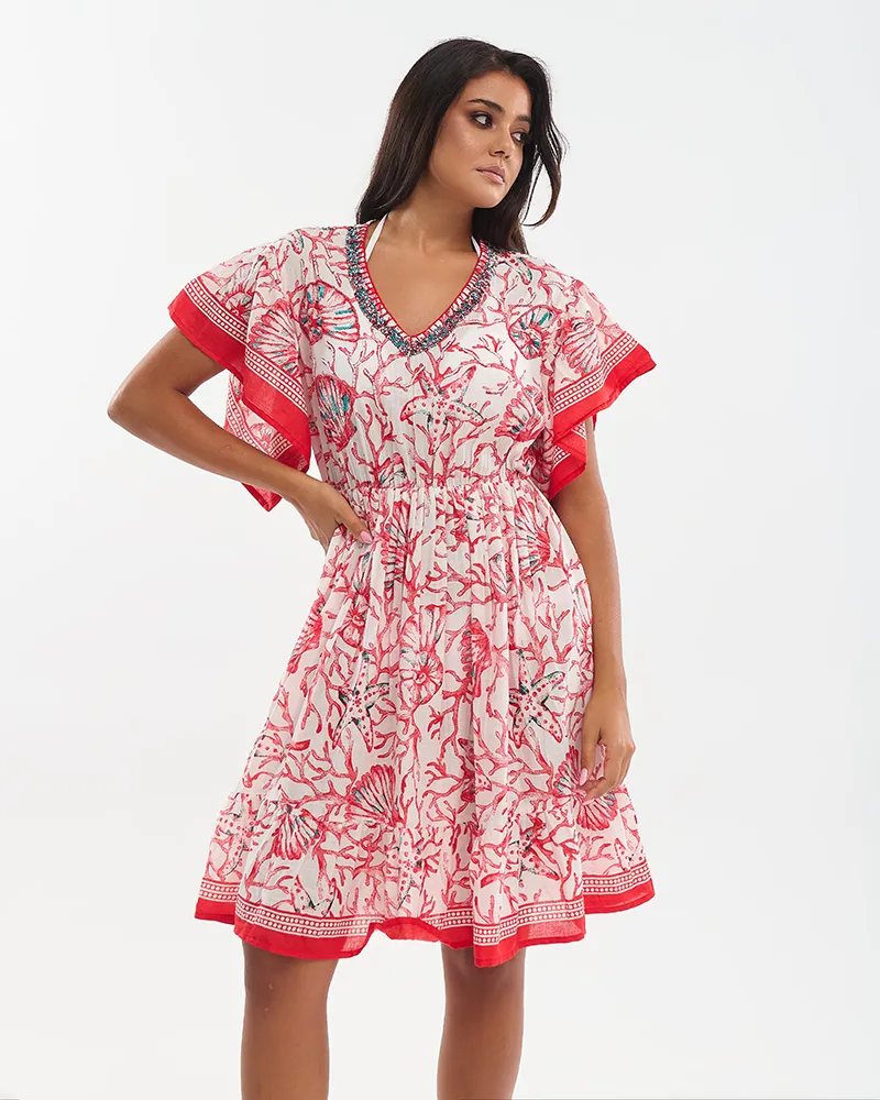 ΦΟΡΕΜΑ ΚΟΝΤΟ ΚΟΚΚΙΚΟ/ΛΕΥΚΟ ”ΚΟΡΑΛΙΑ” ΜΕ ΚΕΝΤΗΤΕΣ ΛΕΠΤΟΜΕΡΕΙΕΣ ΚΑΙ ΧΑΝΤΡΕΣ ONE SIZE (100% COTTON)