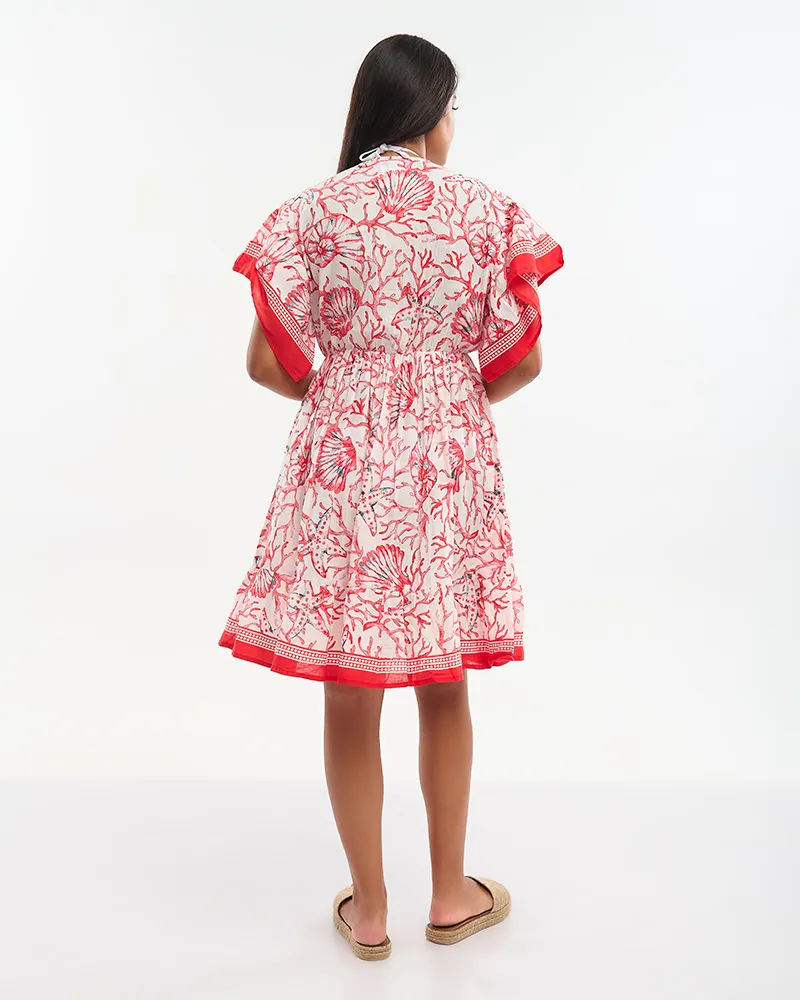 ΦΟΡΕΜΑ ΚΟΝΤΟ ΚΟΚΚΙΚΟ/ΛΕΥΚΟ ''ΚΟΡΑΛΙΑ'' ΜΕ ΚΕΝΤΗΤΕΣ ΛΕΠΤΟΜΕΡΕΙΕΣ ΚΑΙ ΧΑΝΤΡΕΣ ONE SIZE (100% COTTON)