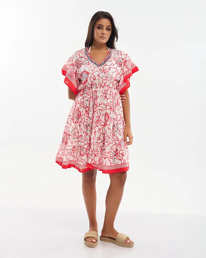 ΦΟΡΕΜΑ ΚΟΝΤΟ ΚΟΚΚΙΚΟ/ΛΕΥΚΟ ”ΚΟΡΑΛΙΑ” ΜΕ ΚΕΝΤΗΤΕΣ ΛΕΠΤΟΜΕΡΕΙΕΣ ΚΑΙ ΧΑΝΤΡΕΣ ONE SIZE (100% COTTON)