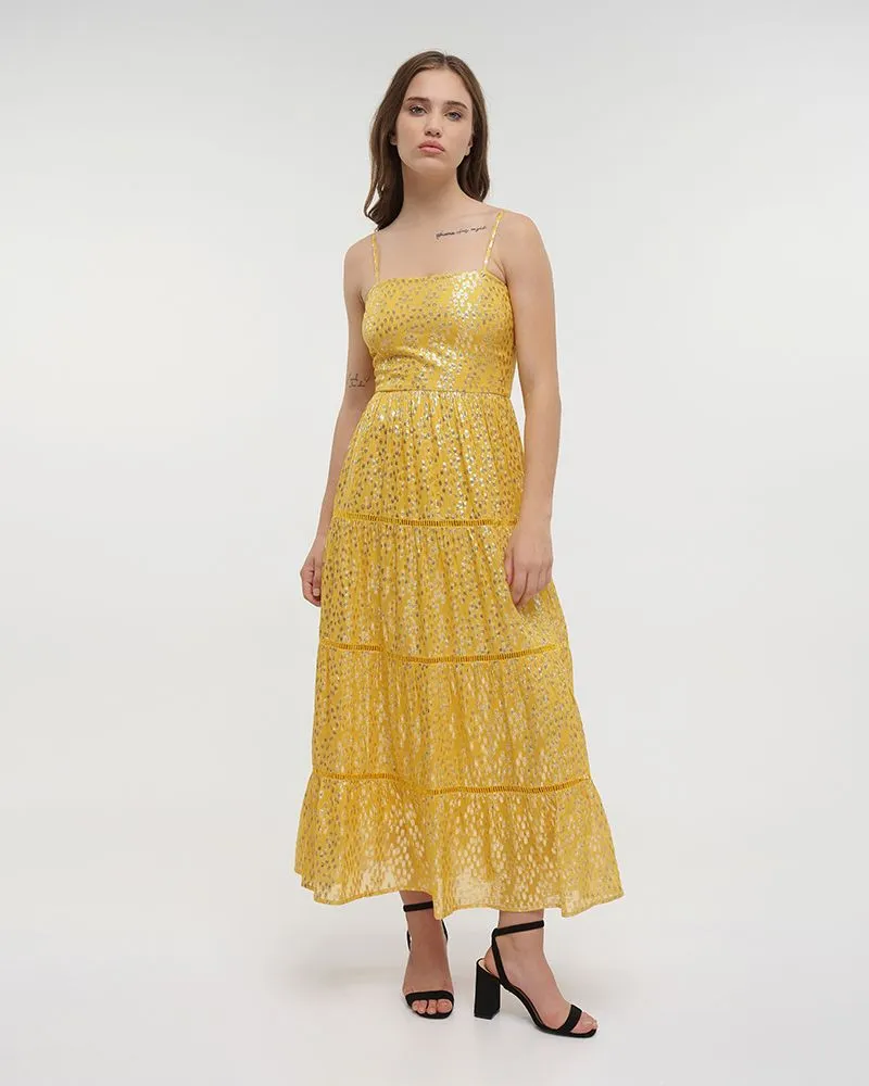 ΦΟΡΕΜΑ ΜΑΚΡΥ ΑΜΑΝΙΚΟ ΚΙΤΡΙΝΟ ΜΟΥΣΤΑΡΔΙ ΜΕ ΧΡΥΣΕΣ ΛΕΠΤΟΜΕΡΕΙΕΣ ONE SIZE (100% VISCOSE)