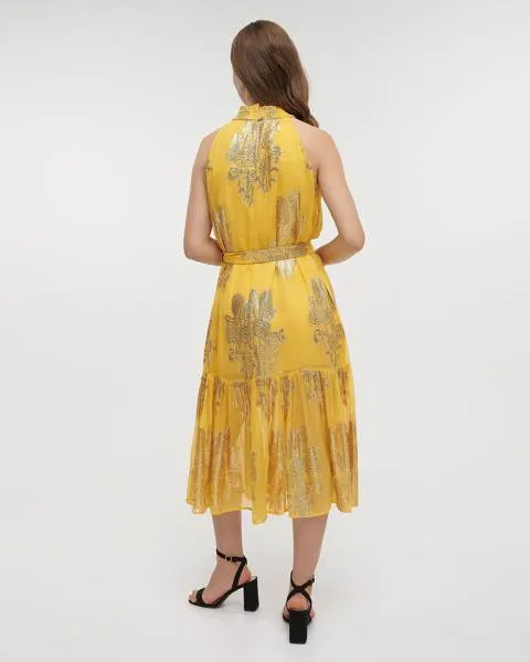ΦΟΡΕΜΑ ΜΑΚΡΥ ΑΜΑΝΙΚΟ ΚΙΤΡΙΝΟ ΜΟΥΣΤΑΡΔΙ ΜΕ ΧΡΥΣΕΣ ΛΕΠΤΟΜΕΡΕΙΕΣ ΚΑΙ ΖΩΝΗ ONE SIZE (100% VISCOSE)