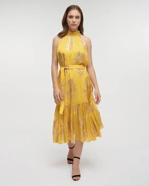 ΦΟΡΕΜΑ ΜΑΚΡΥ ΑΜΑΝΙΚΟ ΚΙΤΡΙΝΟ ΜΟΥΣΤΑΡΔΙ ΜΕ ΧΡΥΣΕΣ ΛΕΠΤΟΜΕΡΕΙΕΣ ΚΑΙ ΖΩΝΗ ONE SIZE (100% VISCOSE)