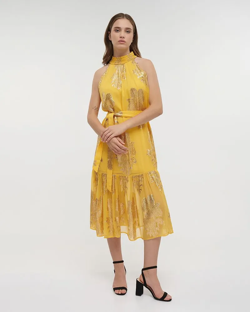 ΦΟΡΕΜΑ ΜΑΚΡΥ ΑΜΑΝΙΚΟ ΚΙΤΡΙΝΟ ΜΟΥΣΤΑΡΔΙ ΜΕ ΧΡΥΣΕΣ ΛΕΠΤΟΜΕΡΕΙΕΣ ΚΑΙ ΖΩΝΗ ONE SIZE (100% VISCOSE)