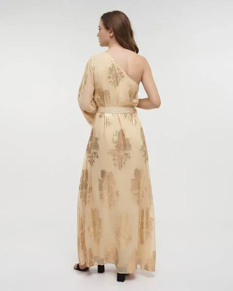 ΦΟΡΕΜΑ ΜΑΚΡΥ ΜΕ 1 ΩΜΟ ΜΠΕΖ ΜΕ ΧΡΥΣΕΣ ΛΕΠΤΟΜΕΡΕΙΕΣ ΚΑΙ ΖΩΝΗ ONE SIZE (100% VISCOSE)