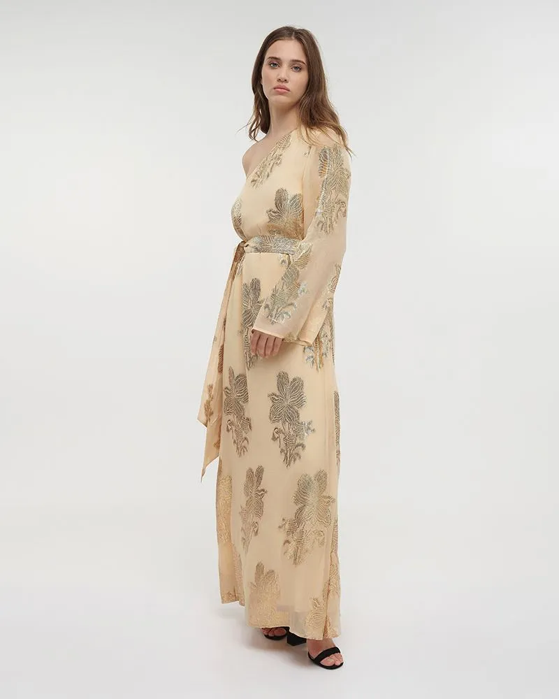 ΦΟΡΕΜΑ ΜΑΚΡΥ ΜΕ 1 ΩΜΟ ΜΠΕΖ ΜΕ ΧΡΥΣΕΣ ΛΕΠΤΟΜΕΡΕΙΕΣ ΚΑΙ ΖΩΝΗ ONE SIZE (100% VISCOSE)