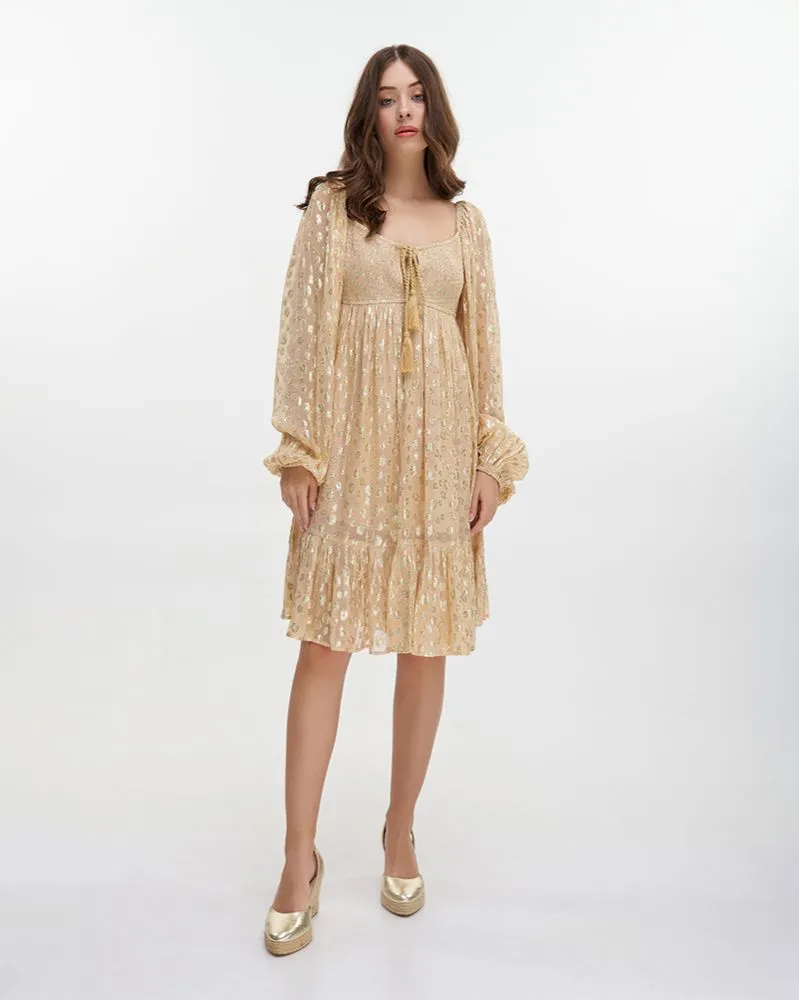 ΦΟΡΕΜΑ ΚΟΝΤΟ ΜΕ ΜΑΚΡΥ ΜΑΝΙΚΙ ΜΠΕΖ ΜΕ ΧΡΥΣΕΣ ΛΕΠΤΟΜΕΡΕΙΕΣ ONE SIZE (100% VISCOSE)