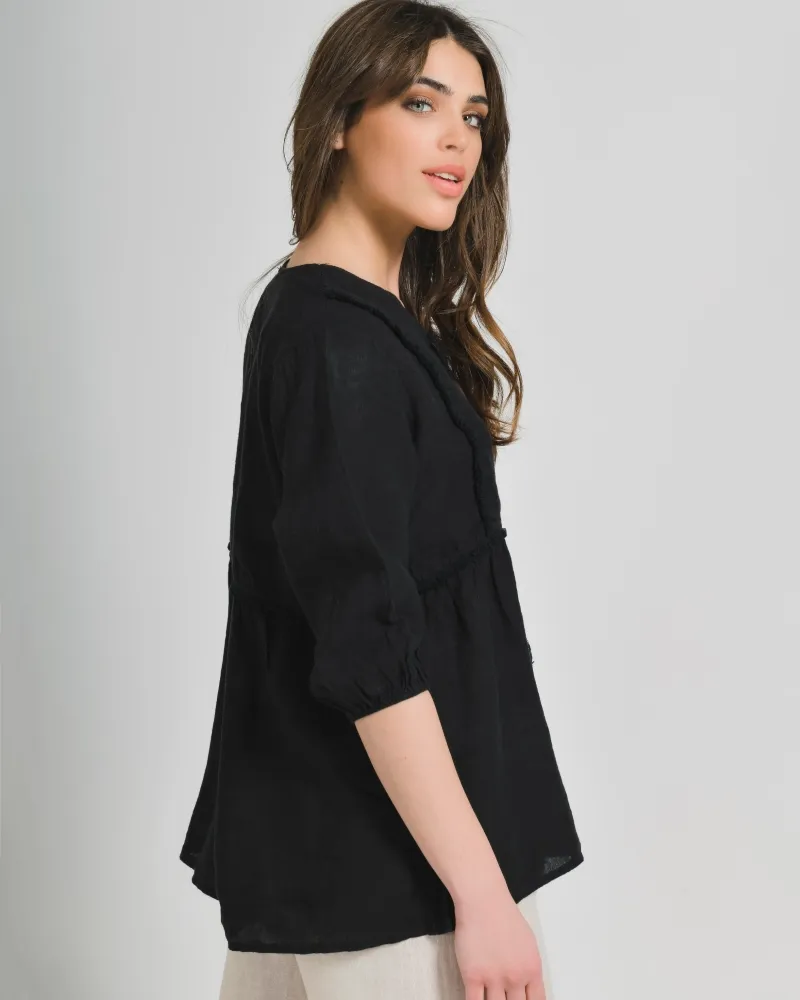 ΜΠΛΟΥΖΑ ΚΟΝΤΟΜΑΝΙΚΗ ΜΕ ΚΟΡΔΟΝΙΑ ΣΕ ΜΑΥΡΟ ΧΡΩΜΑ ONE SIZE (100% LINEN)