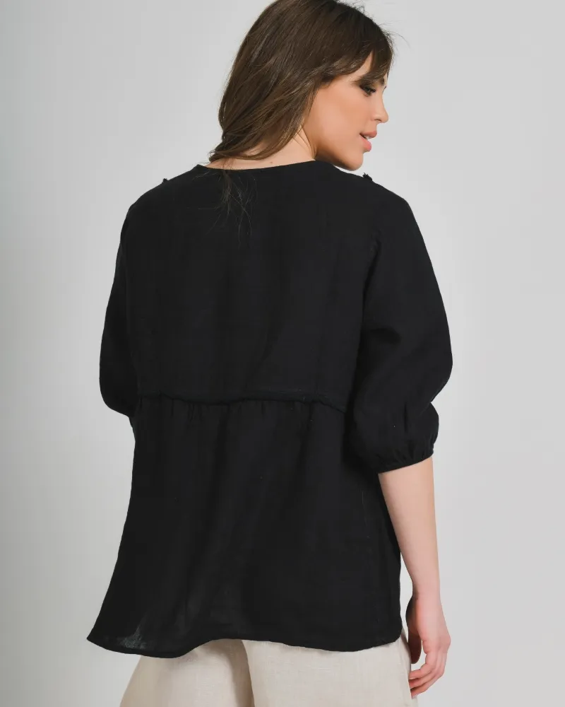 ΜΠΛΟΥΖΑ ΚΟΝΤΟΜΑΝΙΚΗ ΜΕ ΚΟΡΔΟΝΙΑ ΣΕ ΜΑΥΡΟ ΧΡΩΜΑ ONE SIZE (100% LINEN)