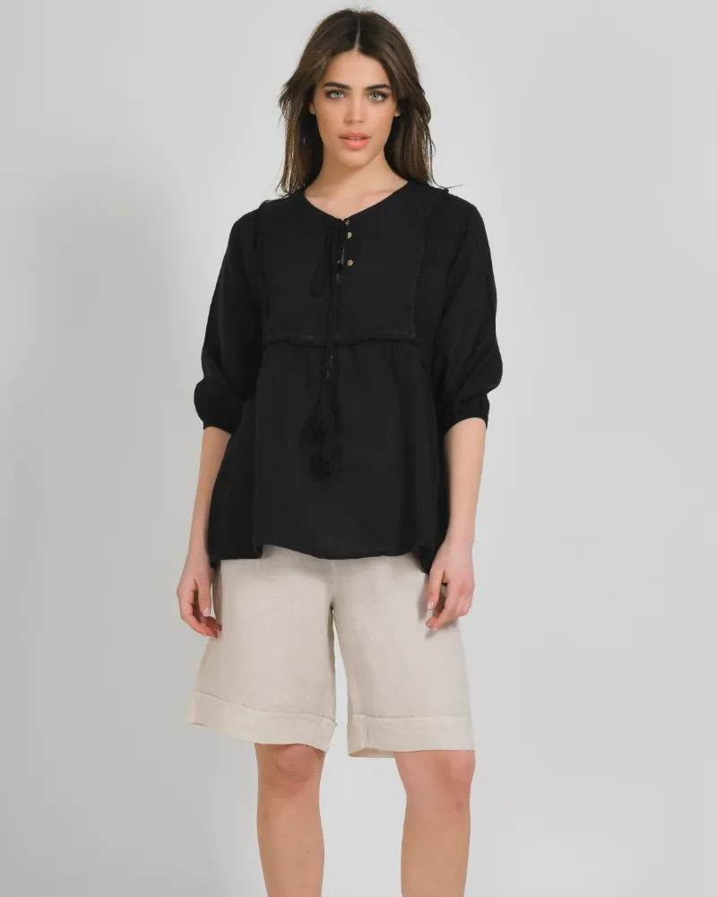 ΜΠΛΟΥΖΑ ΚΟΝΤΟΜΑΝΙΚΗ ΜΕ ΚΟΡΔΟΝΙΑ ΣΕ ΜΑΥΡΟ ΧΡΩΜΑ ONE SIZE (100% LINEN)