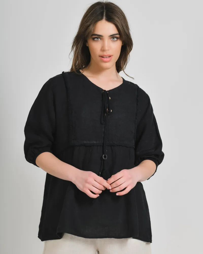 ΜΠΛΟΥΖΑ ΚΟΝΤΟΜΑΝΙΚΗ ΜΕ ΚΟΡΔΟΝΙΑ ΣΕ ΜΑΥΡΟ ΧΡΩΜΑ ONE SIZE (100% LINEN)