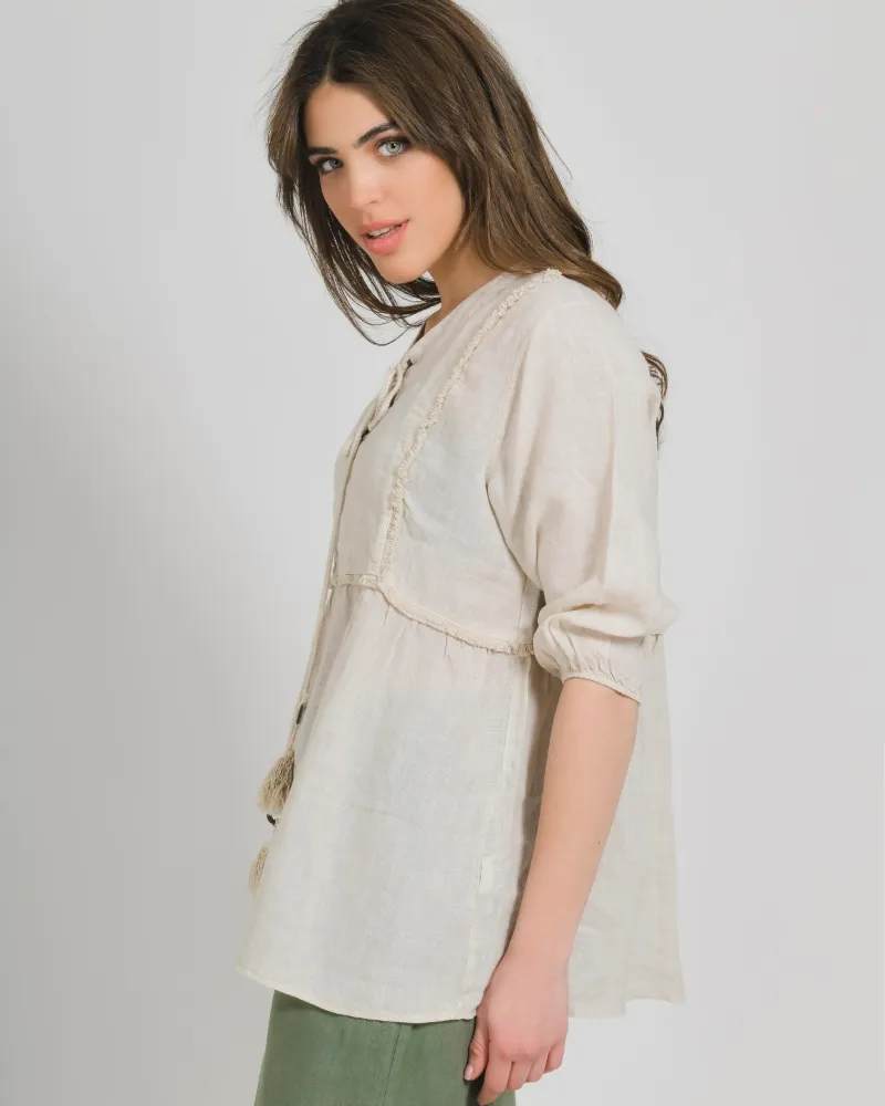 ΜΠΛΟΥΖΑ ΚΟΝΤΟΜΑΝΙΚΗ ΜΕ ΚΟΡΔΟΝΙΑ ΣΕ ΜΠΕΖ ΧΡΩΜΑ ONE SIZE (100% LINEN)