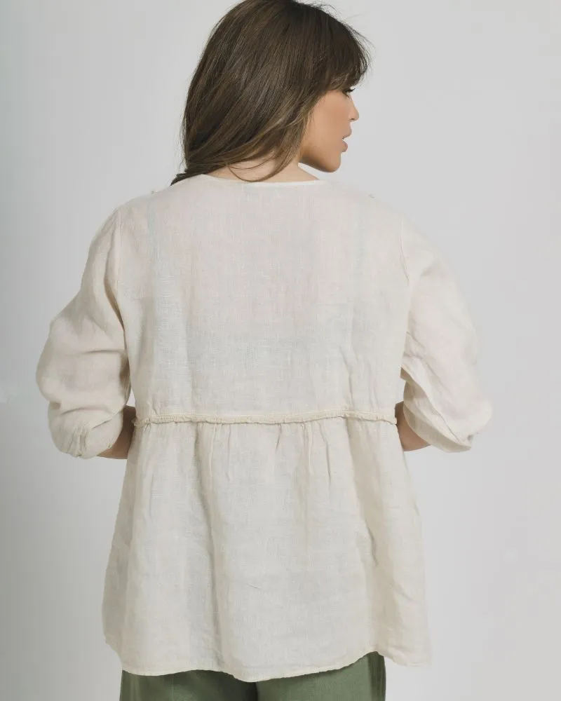 ΜΠΛΟΥΖΑ ΚΟΝΤΟΜΑΝΙΚΗ ΜΕ ΚΟΡΔΟΝΙΑ ΣΕ ΜΠΕΖ ΧΡΩΜΑ ONE SIZE (100% LINEN)