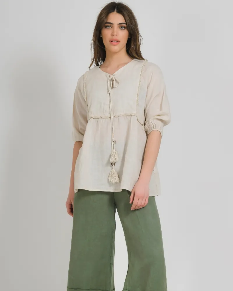 ΜΠΛΟΥΖΑ ΚΟΝΤΟΜΑΝΙΚΗ ΜΕ ΚΟΡΔΟΝΙΑ ΣΕ ΜΠΕΖ ΧΡΩΜΑ ONE SIZE (100% LINEN)