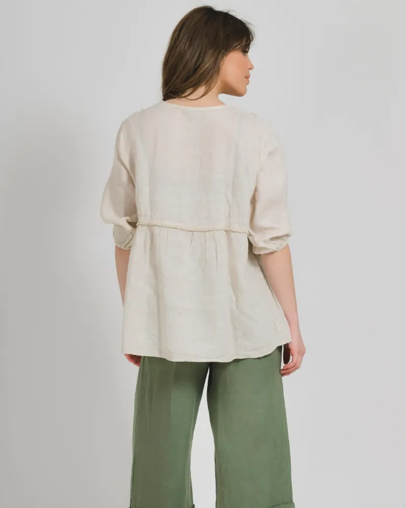 ΜΠΛΟΥΖΑ ΚΟΝΤΟΜΑΝΙΚΗ ΜΕ ΚΟΡΔΟΝΙΑ ΣΕ ΜΠΕΖ ΧΡΩΜΑ ONE SIZE (100% LINEN)