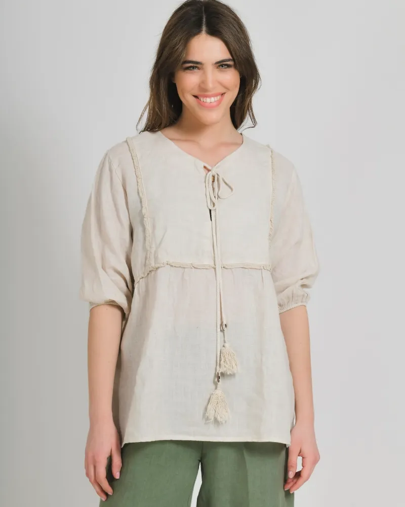 ΜΠΛΟΥΖΑ ΚΟΝΤΟΜΑΝΙΚΗ ΜΕ ΚΟΡΔΟΝΙΑ ΣΕ ΜΠΕΖ ΧΡΩΜΑ ONE SIZE (100% LINEN)