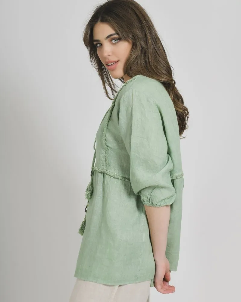 ΜΠΛΟΥΖΑ ΚΟΝΤΟΜΑΝΙΚΗ ΜΕ ΚΟΡΔΟΝΙΑ ΣΕ ΓΑΛΑΖΙΟ ΧΡΩΜΑ ONE SIZE (100% LINEN)