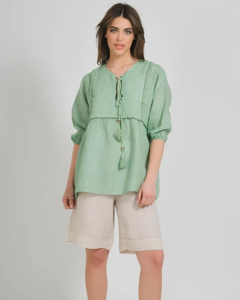 ΜΠΛΟΥΖΑ ΚΟΝΤΟΜΑΝΙΚΗ ΜΕ ΚΟΡΔΟΝΙΑ ΣΕ ΓΑΛΑΖΙΟ ΧΡΩΜΑ ONE SIZE (100% LINEN)