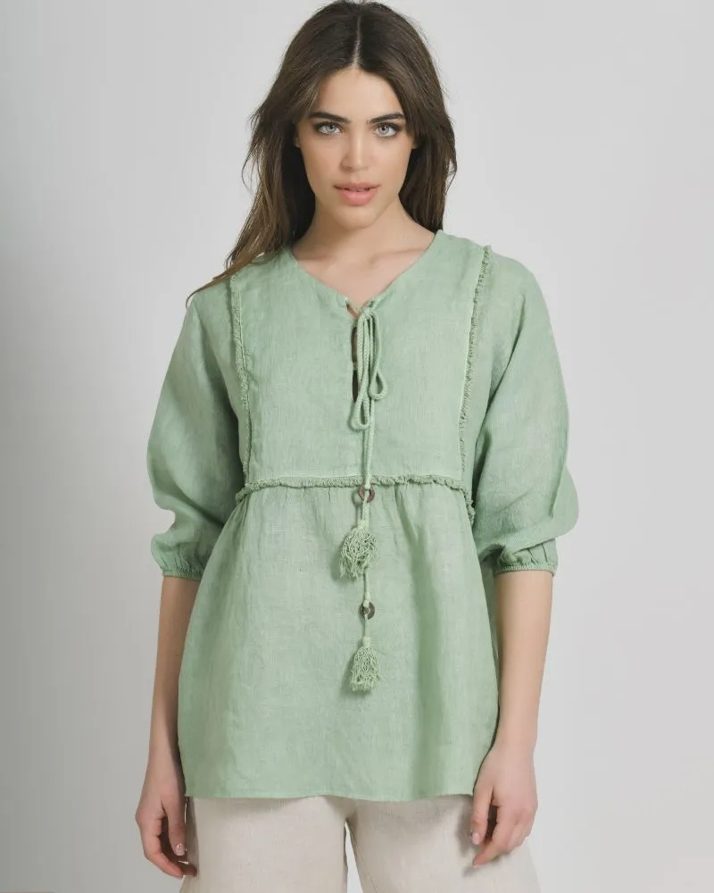 ΜΠΛΟΥΖΑ ΚΟΝΤΟΜΑΝΙΚΗ ΜΕ ΚΟΡΔΟΝΙΑ ΣΕ ΓΑΛΑΖΙΟ ΧΡΩΜΑ ONE SIZE (100% LINEN)