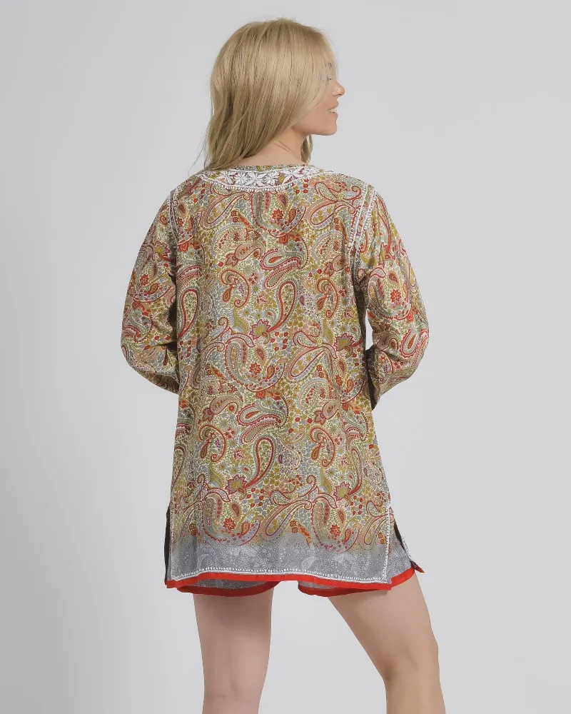 TUNIC/ ΚΑΦΤΑΝΙ ΕΜΠΡΙΜΕ ΜΕ KOKKINA ΣΧΕΔΙΑ ΚΑΙ ΚΟΥΜΠΙΑ ΜΑΚΡΥ ΜΑΝΙΚΙ S/M (28%SILK / 72% POLYESTER)