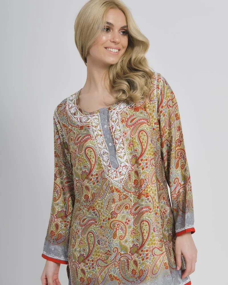 TUNIC/ ΚΑΦΤΑΝΙ ΕΜΠΡΙΜΕ ΜΕ KOKKINA ΣΧΕΔΙΑ ΚΑΙ ΚΟΥΜΠΙΑ ΜΑΚΡΥ ΜΑΝΙΚΙ S/M (28%SILK / 72% POLYESTER)