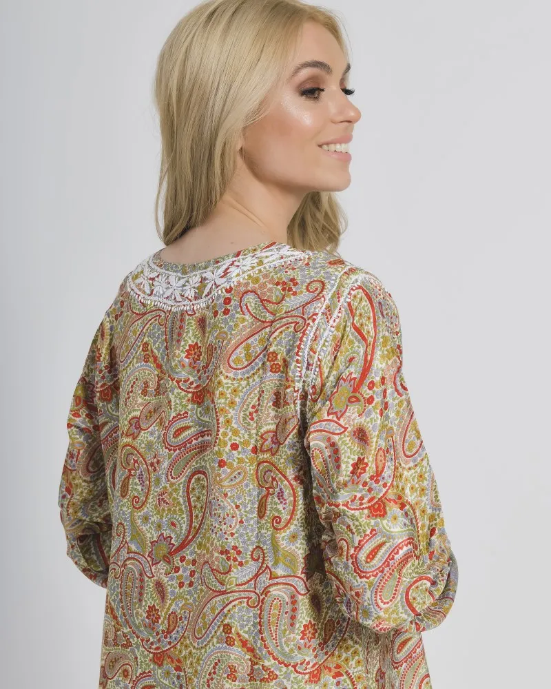 TUNIC/ ΚΑΦΤΑΝΙ ΕΜΠΡΙΜΕ ΜΕ KOKKINA ΣΧΕΔΙΑ ΚΑΙ ΚΟΥΜΠΙΑ ΜΑΚΡΥ ΜΑΝΙΚΙ S/M (28%SILK / 72% POLYESTER)