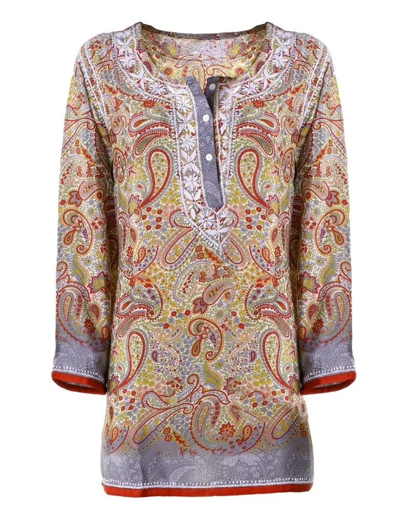 TUNIC/ ΚΑΦΤΑΝΙ ΕΜΠΡΙΜΕ ΜΕ KOKKINA ΣΧΕΔΙΑ ΚΑΙ ΚΟΥΜΠΙΑ ΜΑΚΡΥ ΜΑΝΙΚΙ S/M (28%SILK / 72% POLYESTER)