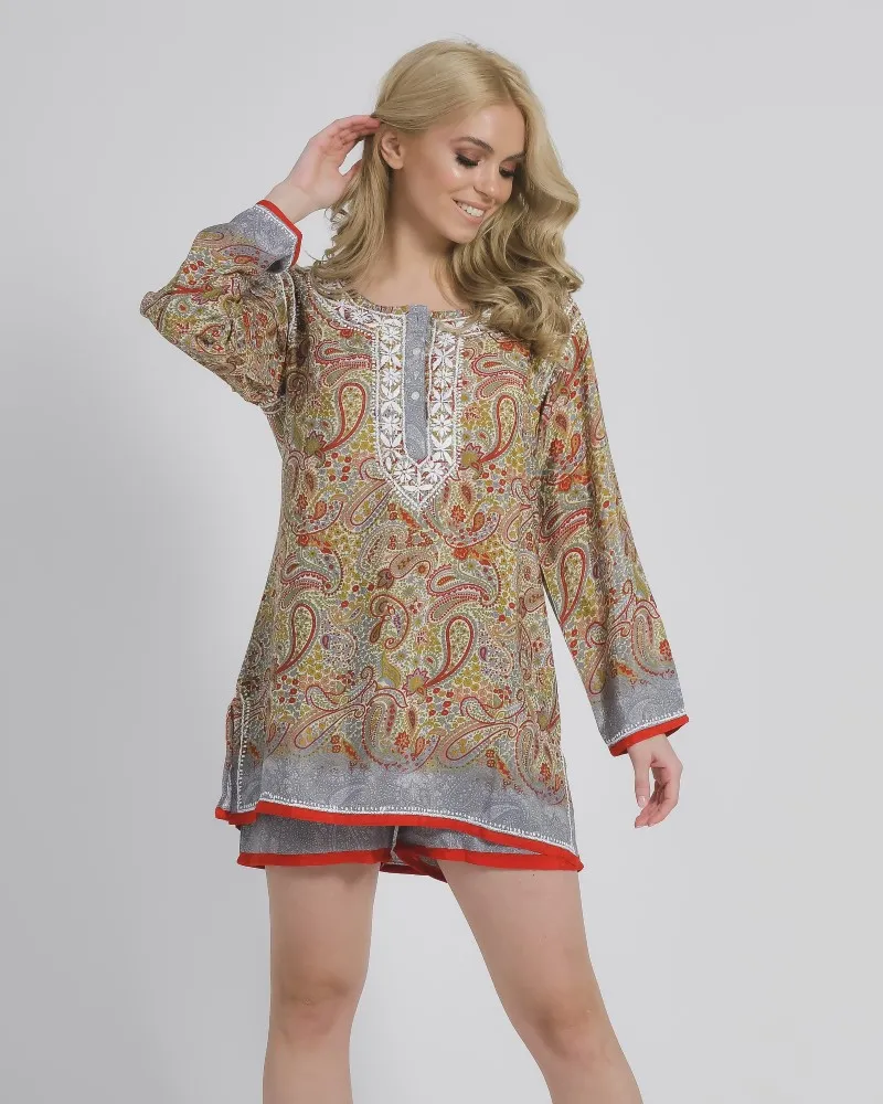 TUNIC/ ΚΑΦΤΑΝΙ ΕΜΠΡΙΜΕ ΜΕ KOKKINA ΣΧΕΔΙΑ ΚΑΙ ΚΟΥΜΠΙΑ ΜΑΚΡΥ ΜΑΝΙΚΙ S/M (28%SILK / 72% POLYESTER)