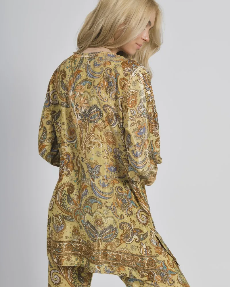 TUNIC/ ΚΑΦΤΑΝΙ ΕΜΠΡΙΜΕ ΜΕ ΜΠΕΖ/ΚΑΦΕ ΣΧΕΔΙΑ ΚΑΙ ΚΟΥΜΠΙΑ ΜΑΚΡΥ ΜΑΝΙΚΙ L/XL (28%SILK / 72% POLYESTER)