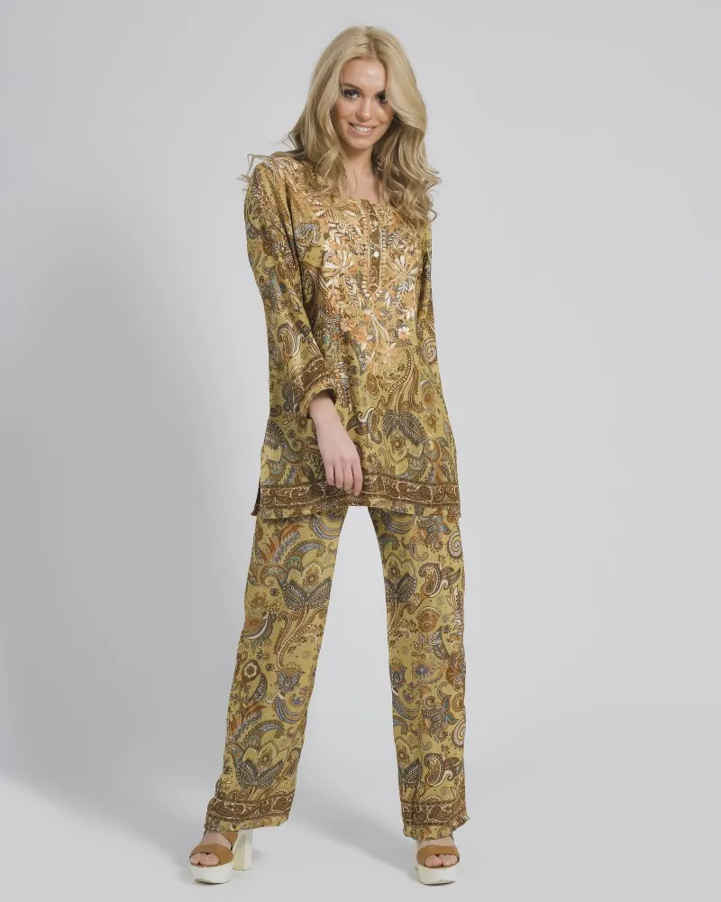 TUNIC/ ΚΑΦΤΑΝΙ ΕΜΠΡΙΜΕ ΜΕ ΜΠΕΖ/ΚΑΦΕ ΣΧΕΔΙΑ ΚΑΙ ΚΟΥΜΠΙΑ ΜΑΚΡΥ ΜΑΝΙΚΙ L/XL (28%SILK / 72% POLYESTER)