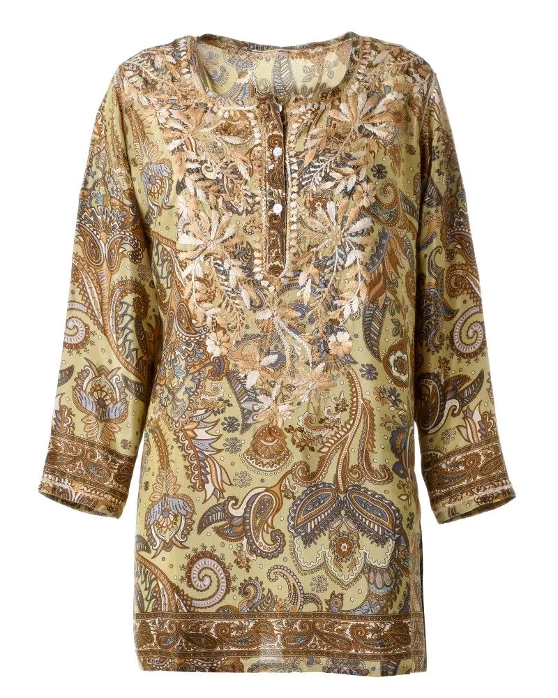 TUNIC/ ΚΑΦΤΑΝΙ ΕΜΠΡΙΜΕ ΜΕ ΜΠΕΖ/ΚΑΦΕ ΣΧΕΔΙΑ ΚΑΙ ΚΟΥΜΠΙΑ ΜΑΚΡΥ ΜΑΝΙΚΙ L/XL (28%SILK / 72% POLYESTER)