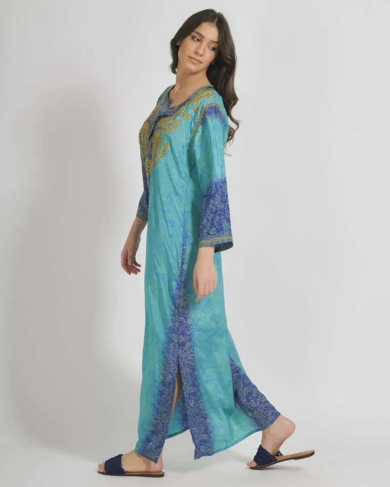 TUNIC/ ΠΟΥΚΑΜΙΣΑ ΜΑΚΡΙΑ ΣΕ ΜΠΛΕ/ΠΡΑΣΙΝΟ ΧΡΩΜΑ ΜΕ ΣΧΕΔΙΑ ΚΑΙ ΚΟΥΜΠΙΑ ΜΑΚΡΥ ΜΑΝΙΚΙ L/XL (28%SILK / 72% CREPE)