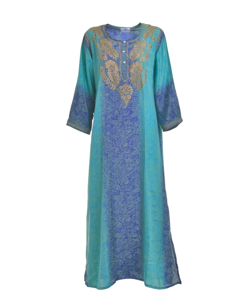 TUNIC/ ΠΟΥΚΑΜΙΣΑ ΜΑΚΡΙΑ ΣΕ ΜΠΛΕ/ΠΡΑΣΙΝΟ ΧΡΩΜΑ ΜΕ ΣΧΕΔΙΑ ΚΑΙ ΚΟΥΜΠΙΑ ΜΑΚΡΥ ΜΑΝΙΚΙ L/XL (28%SILK / 72% CREPE)