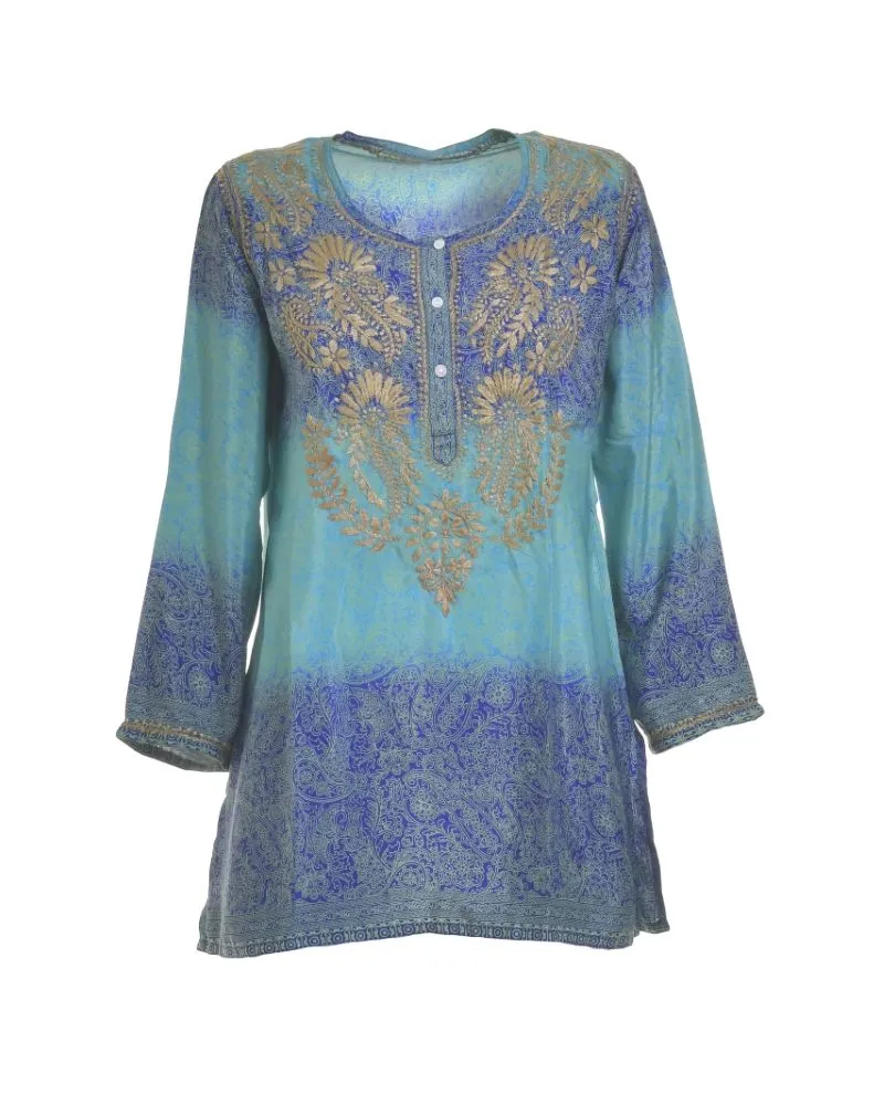 TUNIC/ΚΑΦΤΑΝΙ ΣΕ ΜΠΛΕ/ΠΡΑΣΙΝΟ ΧΡΩΜΑ ΜΕ ΣΧΕΔΙΑ ΚΑΙ ΚΟΥΜΠΙΑ ΜΑΚΡΥ ΜΑΝΙΚΙ S/M (28%SILK / 72% CREPE)