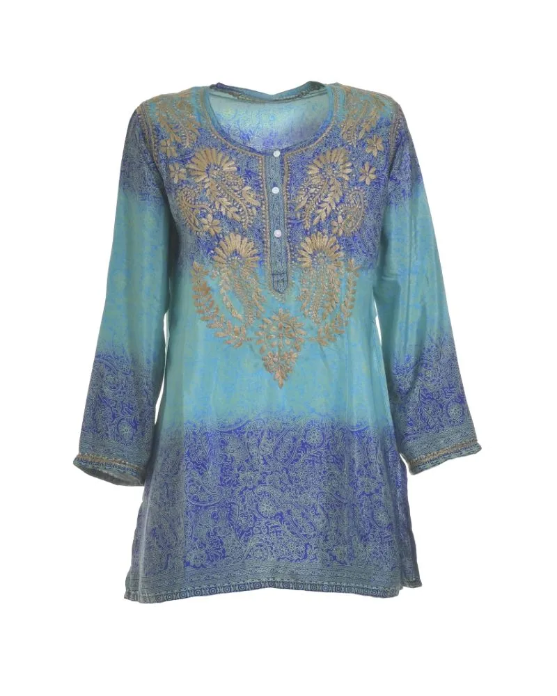 TUNIC/ΚΑΦΤΑΝΙ ΣΕ ΜΠΛΕ/ΠΡΑΣΙΝΟ ΧΡΩΜΑ ΜΕ ΣΧΕΔΙΑ ΚΑΙ ΚΟΥΜΠΙΑ ΜΑΚΡΥ ΜΑΝΙΚΙ M/L (28%SILK / 72% CREPE)