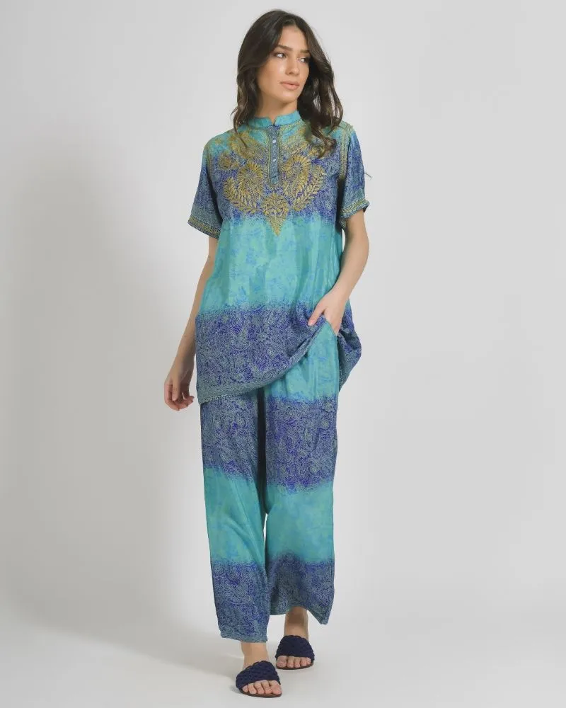 ΠΑΝΤΕΛΟΝΑ ΕΜΠΡΙΜΕ ΣΕ ΜΠΛΕ/ΠΡΑΣΙΝΟ ΧΡΩΜΑ ΜΕ ΣΧΕΔΙΑ ONE SIZE (28%SILK / 72% CREPE)