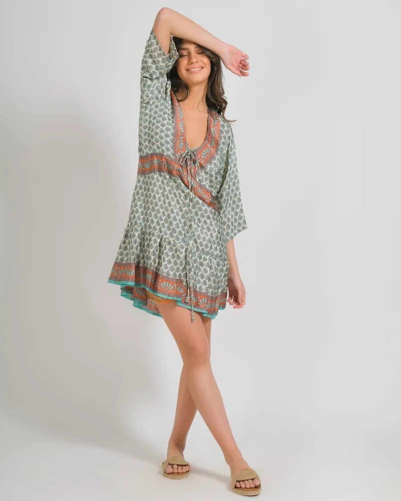 ΦΟΡΕΜΑ ΕΚΡΟΥ/ΧΑΚΙ/ΠΟΡΤΟΚΑΛΙ ΜΕ ΣΧΕΔΙΑ M/L (28%SILK /72% CREPE)