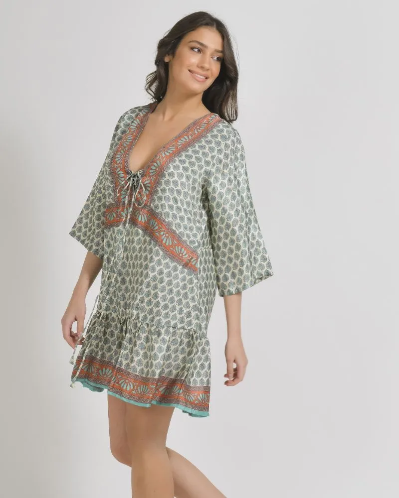 ΦΟΡΕΜΑ ΕΚΡΟΥ/ΧΑΚΙ/ΠΟΡΤΟΚΑΛΙ ΜΕ ΣΧΕΔΙΑ M/L (28%SILK /72% CREPE)