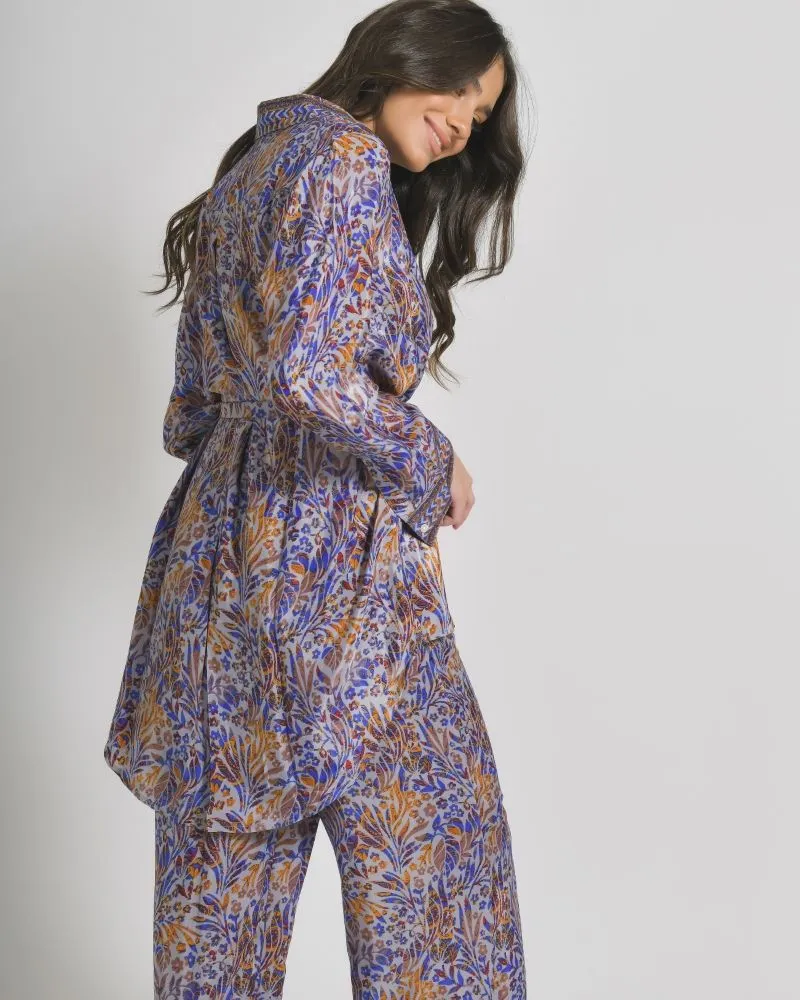 ΠΟΥΚΑΜΙΣΑ ΜΕ ΖΩΝΗ ΣΕ ΜΠΛΕ/ΠΟΡΤΟΚΑΛΙ ΧΡΩΜΑ ΜΕ ΣΧΕΔΙΑ ΜΑΚΡΥ ΜΑΝΙΚΙ S/M (28%SILK / 72% CREPE)