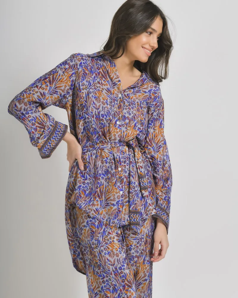 ΠΟΥΚΑΜΙΣΑ ΜΕ ΖΩΝΗ ΣΕ ΜΠΛΕ/ΠΟΡΤΟΚΑΛΙ ΧΡΩΜΑ ΜΕ ΣΧΕΔΙΑ ΜΑΚΡΥ ΜΑΝΙΚΙ S/M (28%SILK / 72% CREPE)