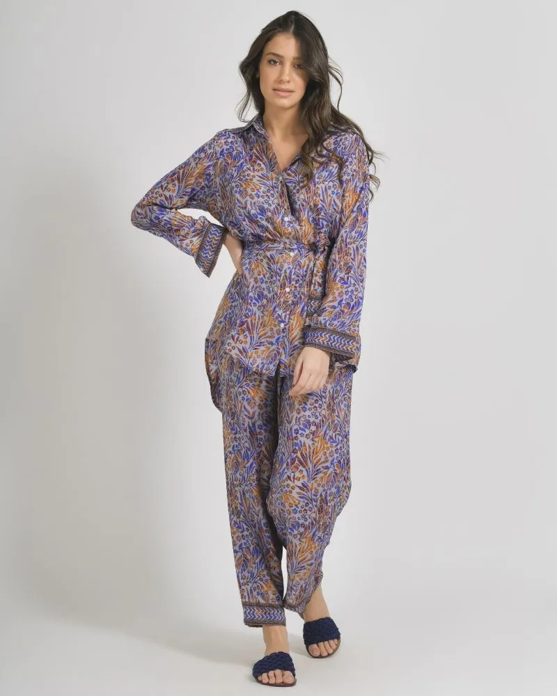 ΠΟΥΚΑΜΙΣΑ ΜΕ ΖΩΝΗ ΣΕ ΜΠΛΕ/ΠΟΡΤΟΚΑΛΙ ΧΡΩΜΑ ΜΕ ΣΧΕΔΙΑ ΜΑΚΡΥ ΜΑΝΙΚΙ M/L (28%SILK /72% CREPE)