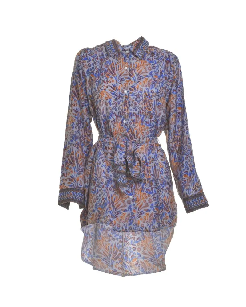 ΠΟΥΚΑΜΙΣΑ ΜΕ ΖΩΝΗ ΣΕ ΜΠΛΕ/ΠΟΡΤΟΚΑΛΙ ΧΡΩΜΑ ΜΕ ΣΧΕΔΙΑ ΜΑΚΡΥ ΜΑΝΙΚΙ M/L (28%SILK /72% CREPE)