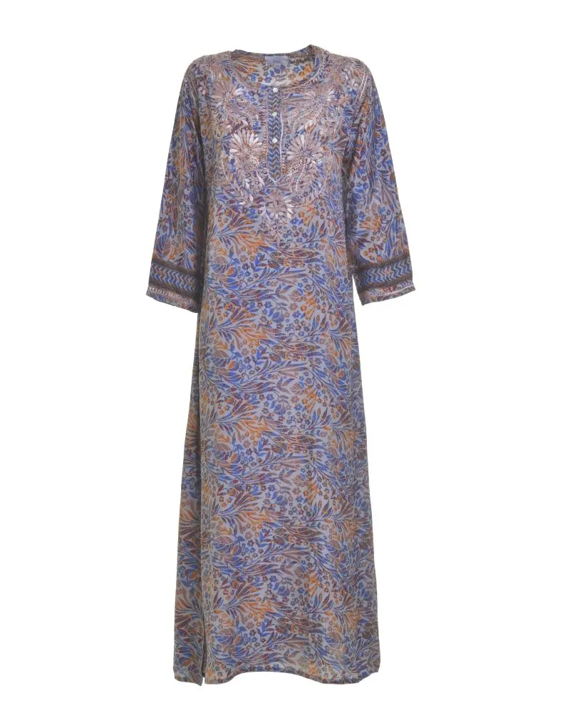 TUNIC/ΠΟΥΚΑΜΙΣΑ ΜΑΚΡΙΑ ΕΜΠΡΙΜΕ ΣΕ ΜΠΛΕ/ΠΟΡΤΟΚΑΛΙ ΧΡΩΜΑ ΜΕ ΣΧΕΔΙΑ ΚΑΙ ΚΟΥΜΠΙΑ ΜΑΚΡΥ ΜΑΝΙΚΙ S/M (28%SILK /72% CREPE)