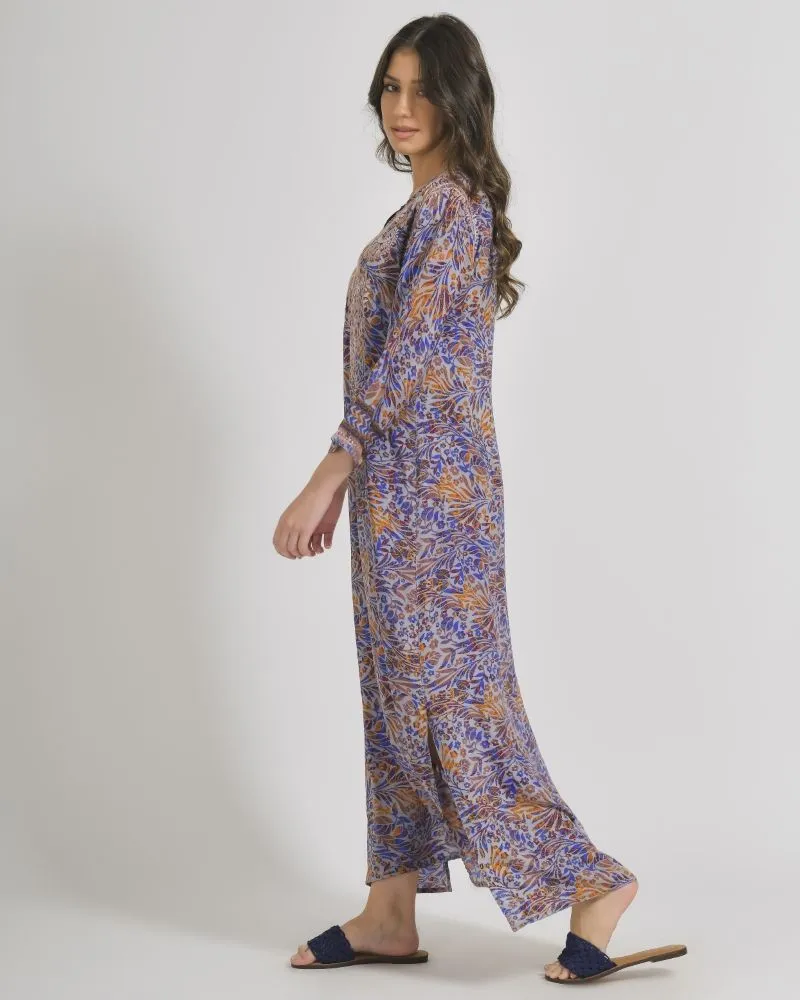 TUNIC/ΠΟΥΚΑΜΙΣΑ ΜΑΚΡΙΑ ΣΕ ΜΠΛΕ/ΠΟΡΤΟΚΑΛΙ ΧΡΩΜΑ ΜΕ ΣΧΕΔΙΑ ΚΑΙ ΚΟΥΜΠΙΑ ΜΑΚΡΥ ΜΑΝΙΚΙ M/L (28%SILK /72% CREPE)