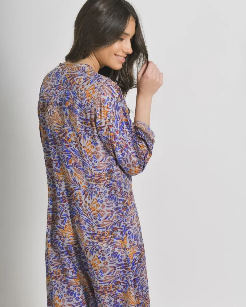 TUNIC/ΠΟΥΚΑΜΙΣΑ ΜΑΚΡΙΑ ΣΕ ΜΠΛΕ/ΠΟΡΤΟΚΑΛΙ ΧΡΩΜΑ ΜΕ ΣΧΕΔΙΑ ΚΑΙ ΚΟΥΜΠΙΑ ΜΑΚΡΥ ΜΑΝΙΚΙ M/L (28%SILK /72% CREPE)