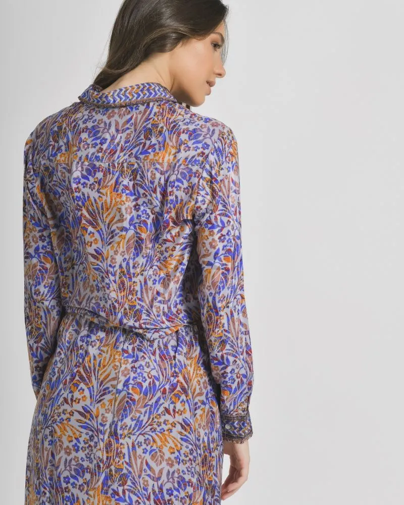 ΠΟΥΚΑΜΙΣΟ ΚΟΝΤΟ ΜΕ ΔΕΣΙΜΟ ΣΕ ΜΠΛΕ/ΠΟΡΤΟΚΑΛΙ ΧΡΩΜΑ ΜΕ ΣΧΕΔΙΑ ΜΑΚΡΥ ΜΑΝΙΚΙ M/L (28%SILK /72% CREPE)